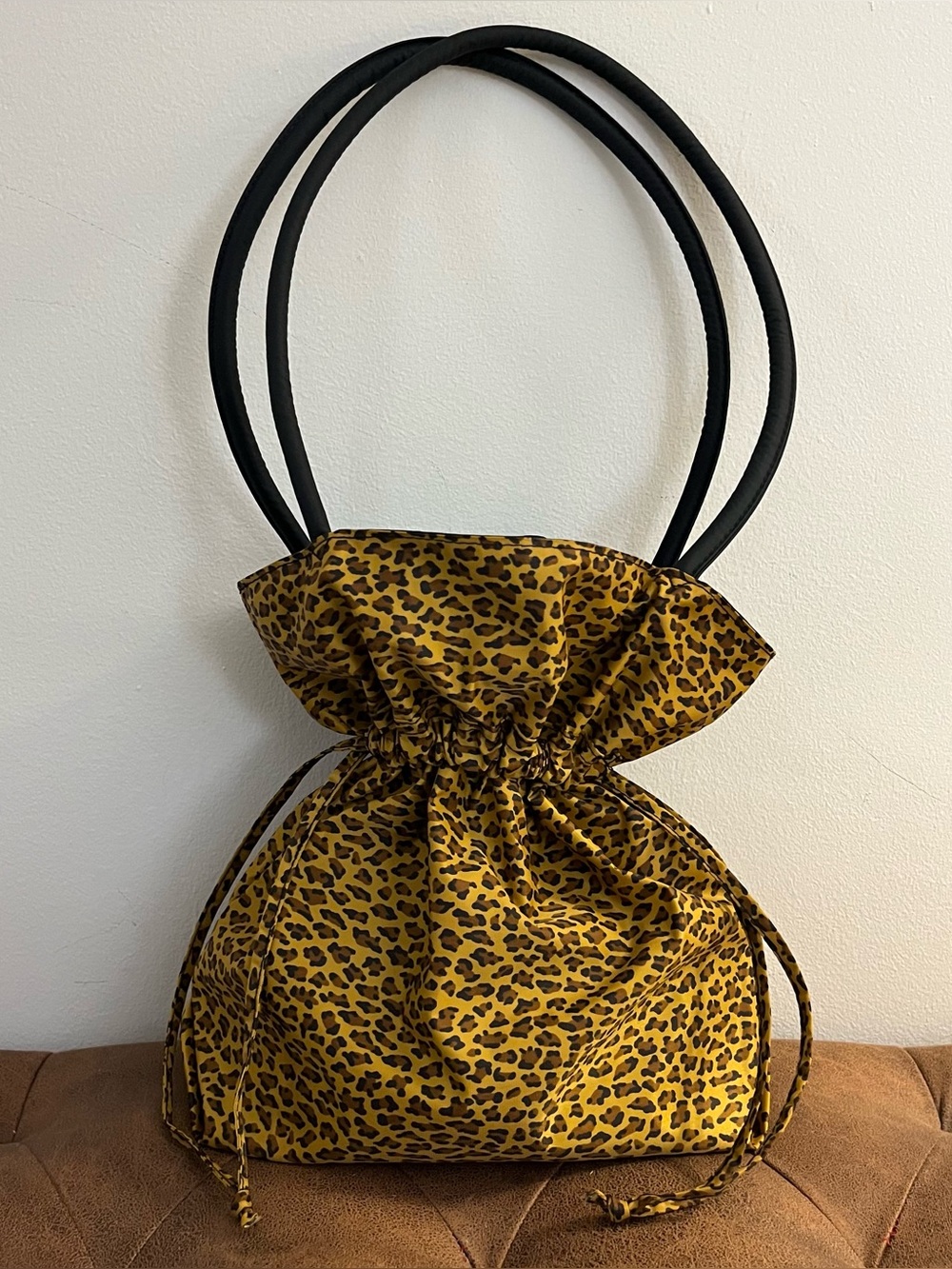 Vintage Y2K Leopard Print Technical Nylon Drawstring Bucket Cinch Tote Bag